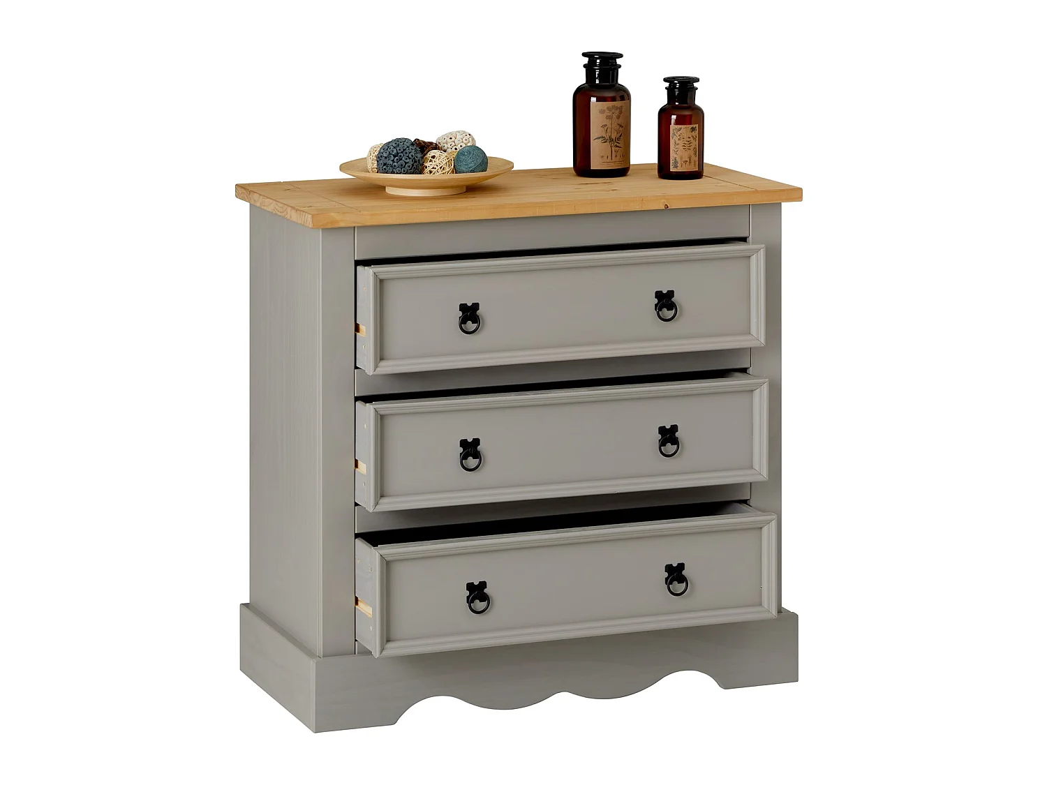 Commode TEQUILA buffet bahut vaisselier en bois style mexicain avec 3 grands tiroirs, en pin massif lasuré gris et brun