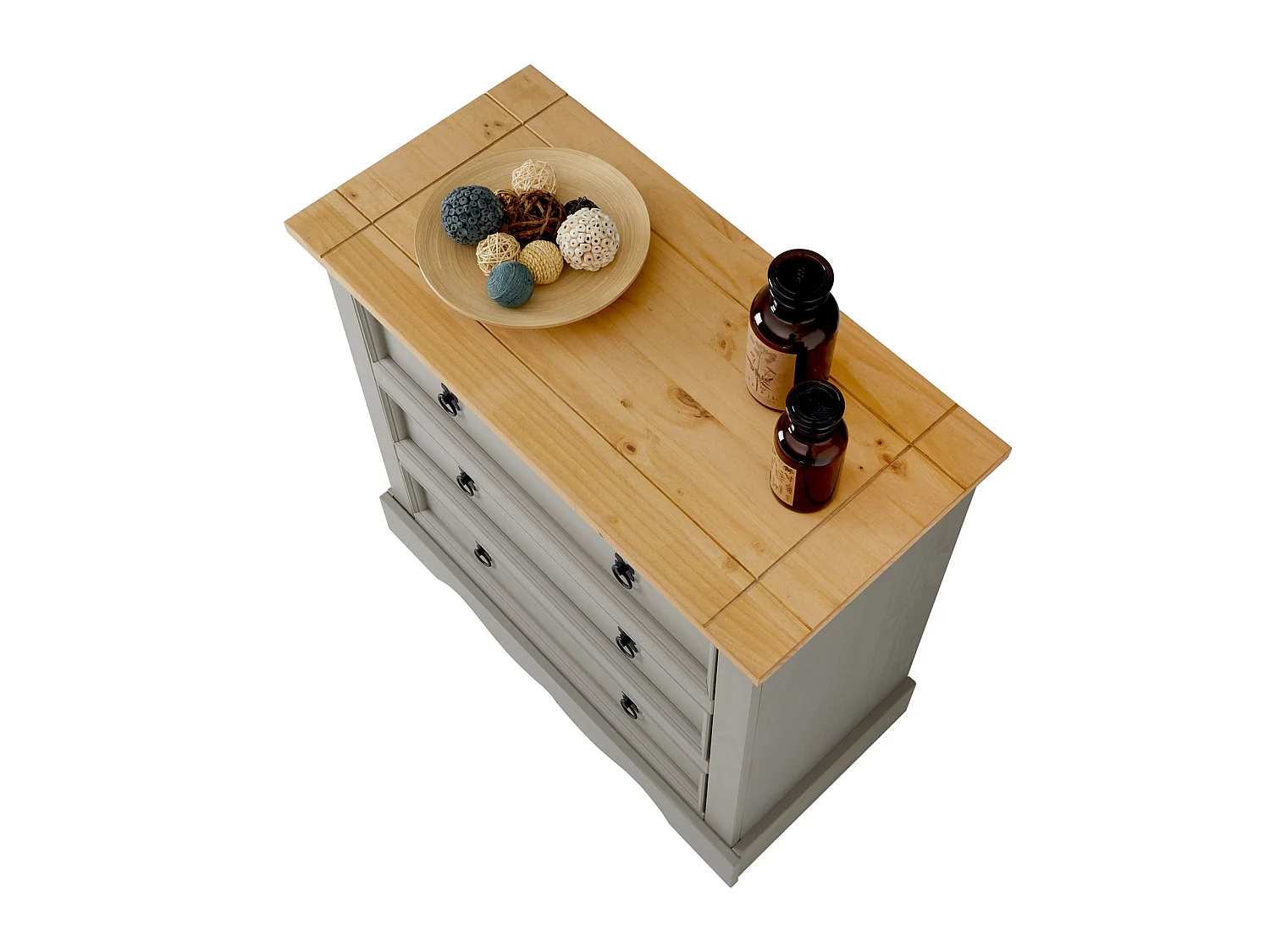 Commode TEQUILA buffet bahut vaisselier en bois style mexicain avec 3 grands tiroirs, en pin massif lasuré gris et brun