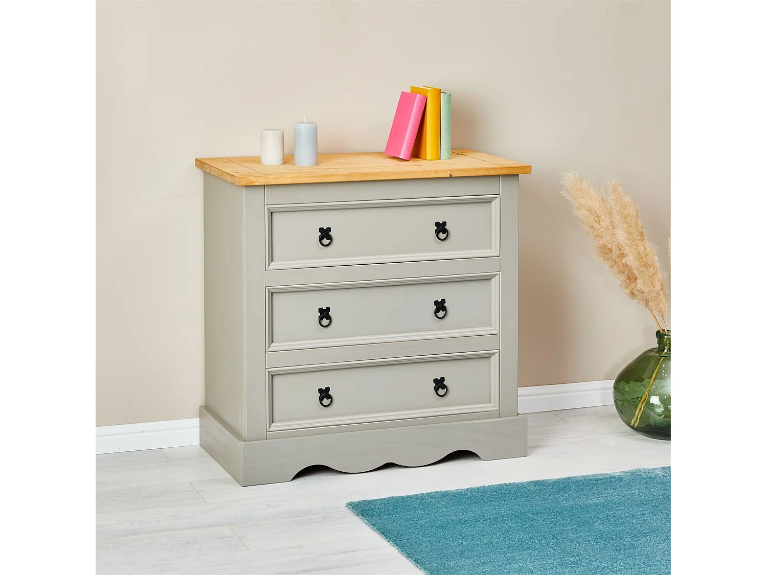 Commode TEQUILA buffet bahut vaisselier en bois style mexicain avec 3 grands tiroirs, en pin massif lasuré gris et brun