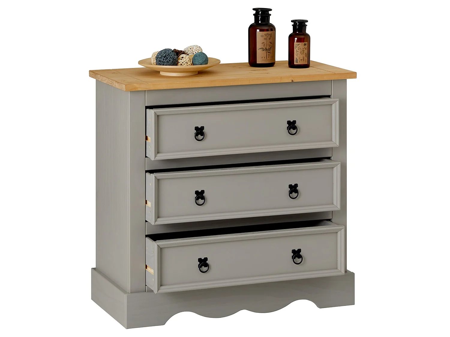 Commode TEQUILA buffet bahut vaisselier en bois style mexicain avec 3 grands tiroirs, en pin massif lasuré gris et brun