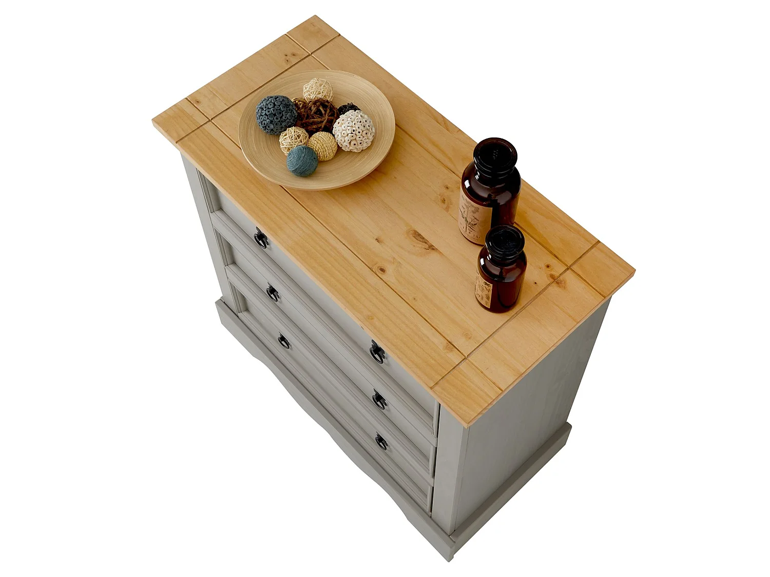 Commode TEQUILA buffet bahut vaisselier en bois style mexicain avec 3 grands tiroirs, en pin massif lasuré gris et brun