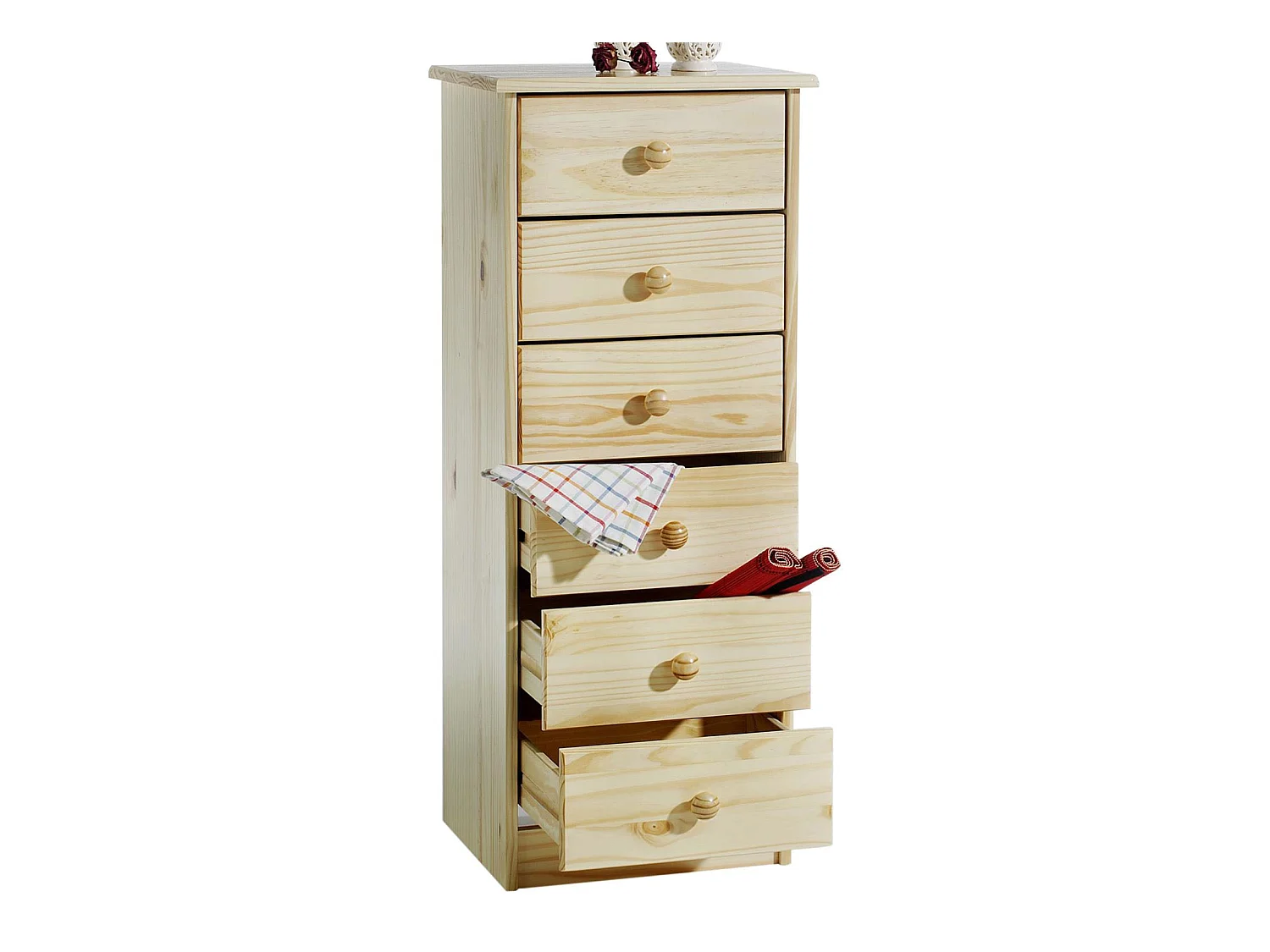 Chiffonnier RONDO meuble de rangement commode apothicaire avec 6 tiroirs, en pin massif vernis naturel