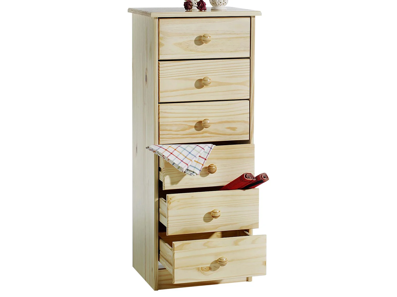 Chiffonnier RONDO meuble de rangement commode apothicaire avec 6 tiroirs, en pin massif vernis naturel