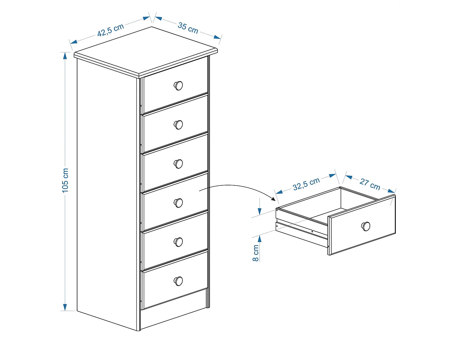 Chiffonnier RONDO meuble de rangement commode apothicaire avec 6 tiroirs, en pin massif vernis naturel