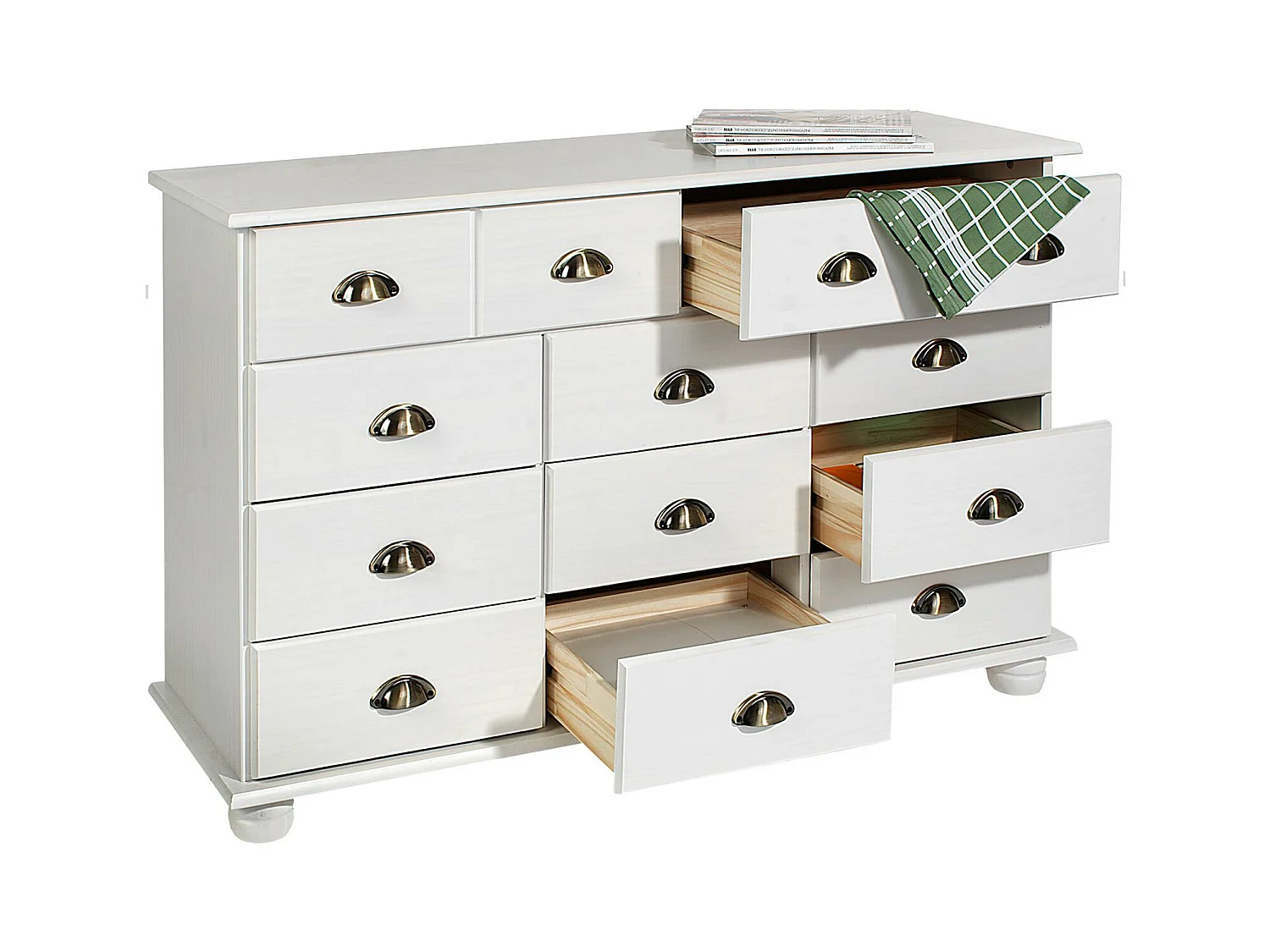 Commode chambre COLMAR L 117 cm 11 tiroirs en bois massif blanc chiffonnier apothicaire rangement