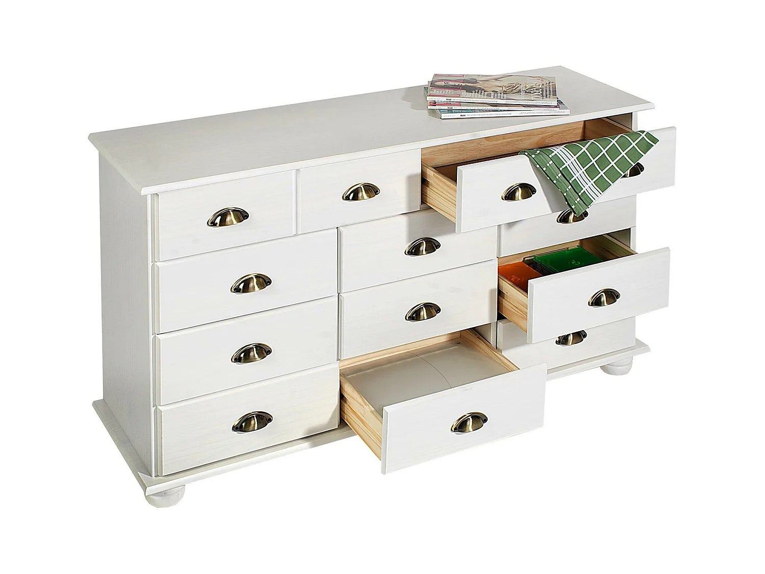 Commode chambre COLMAR L 117 cm 11 tiroirs en bois massif blanc chiffonnier apothicaire rangement
