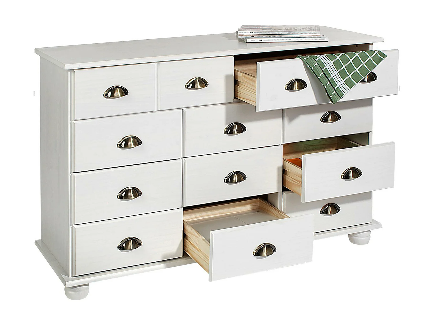 Commode chambre COLMAR L 117 cm 11 tiroirs en bois massif blanc chiffonnier apothicaire rangement