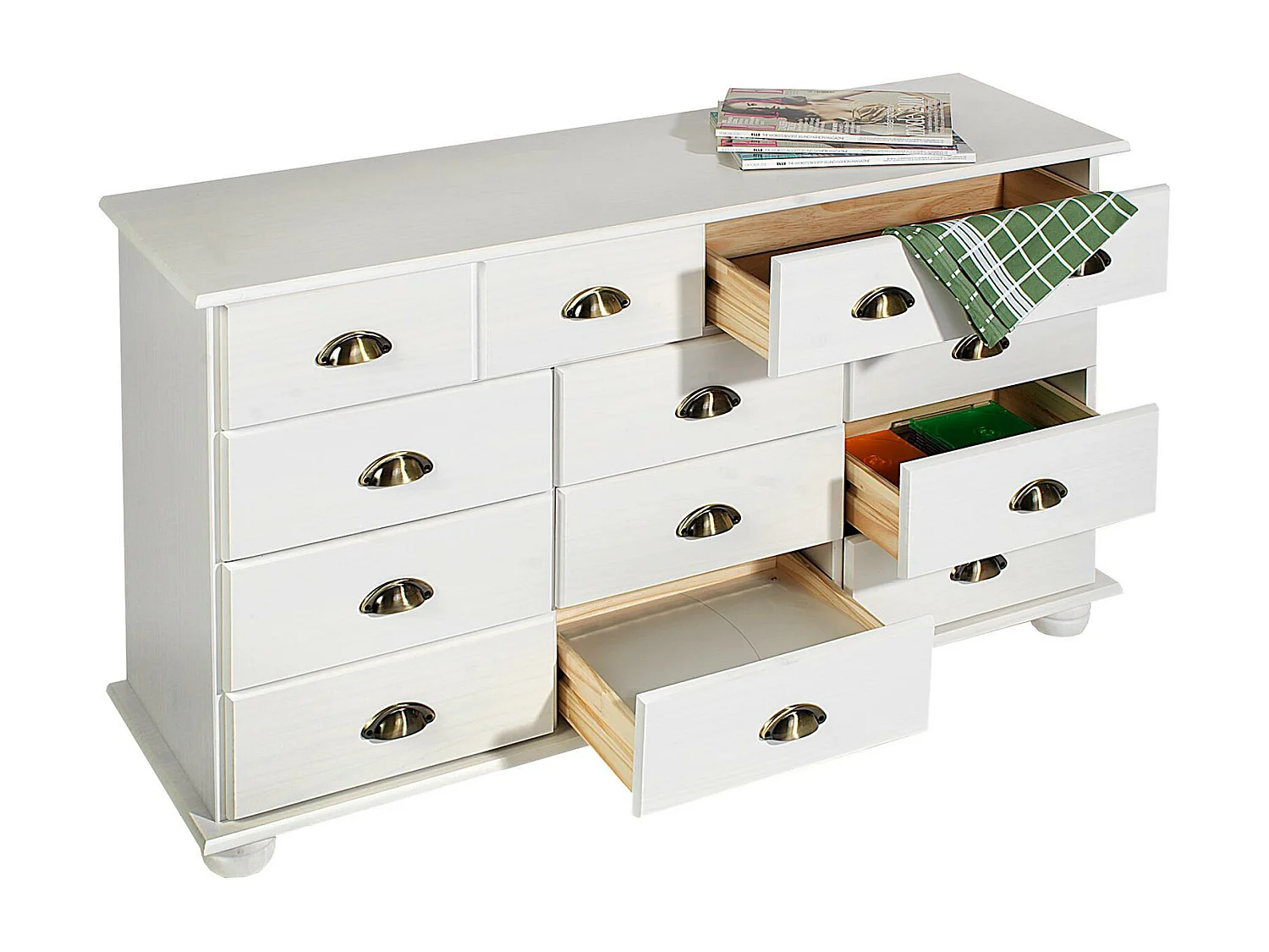 Commode chambre COLMAR L 117 cm 11 tiroirs en bois massif blanc chiffonnier apothicaire rangement