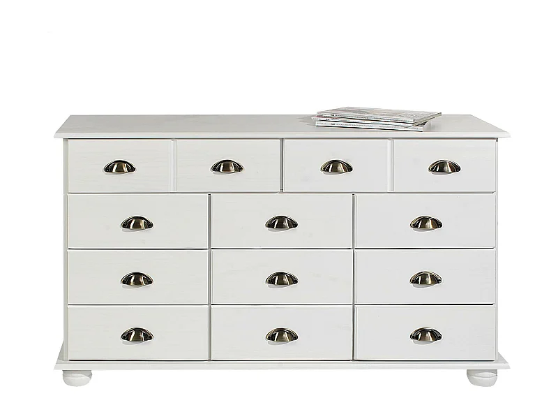 Commode chambre COLMAR L 117 cm 11 tiroirs en bois massif blanc chiffonnier apothicaire rangement
