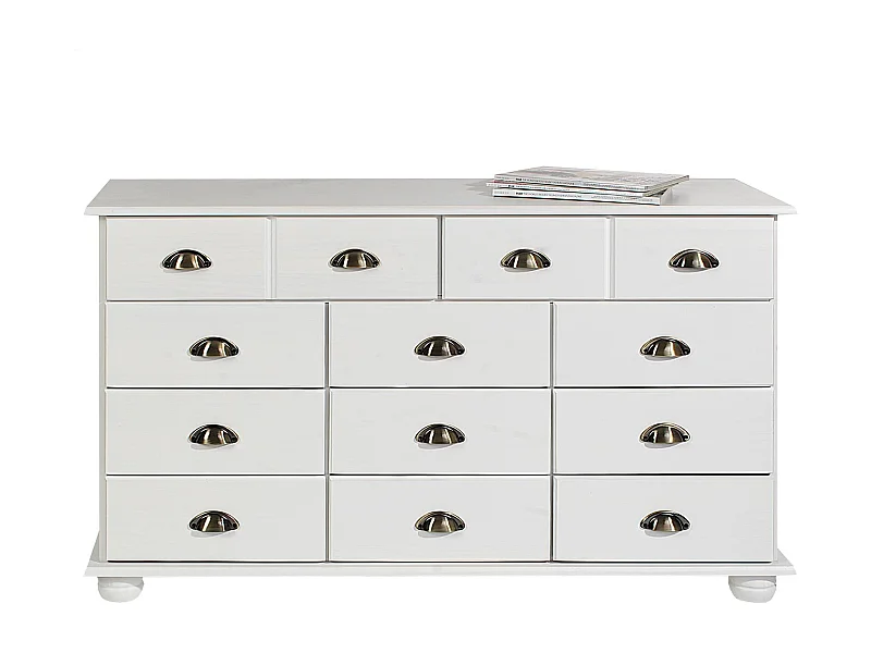 Commode chambre COLMAR L 117 cm 11 tiroirs en bois massif blanc chiffonnier apothicaire rangement