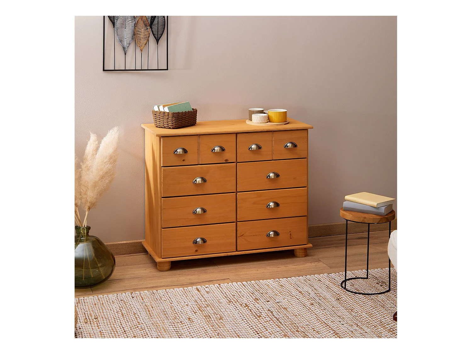 Commode chambre COLMAR L 92 cm 8 tiroirs en bois massif brun chiffonnier apothicaire rangement avec poignées en métal