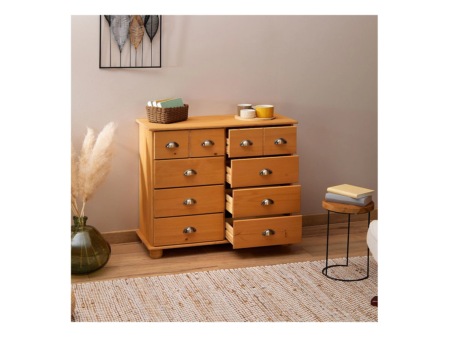 Commode chambre COLMAR L 92 cm 8 tiroirs en bois massif brun chiffonnier apothicaire rangement avec poignées en métal