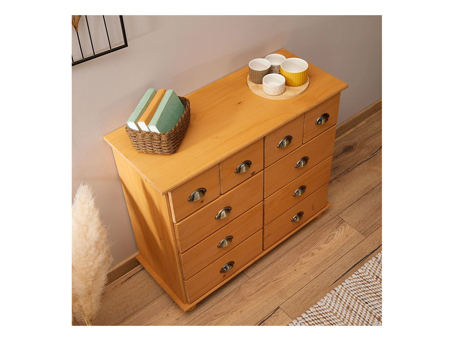 Commode chambre COLMAR L 92 cm 8 tiroirs en bois massif brun chiffonnier apothicaire rangement avec poignées en métal