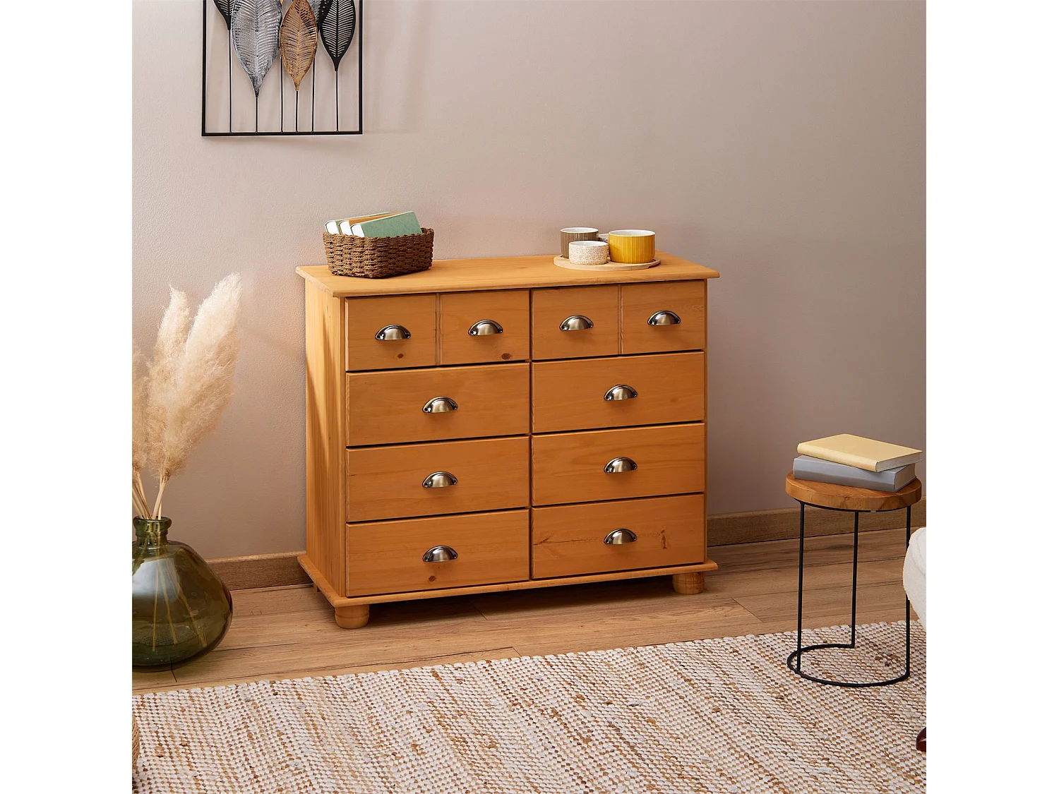 Commode chambre COLMAR L 92 cm 8 tiroirs en bois massif brun chiffonnier apothicaire rangement avec poignées en métal