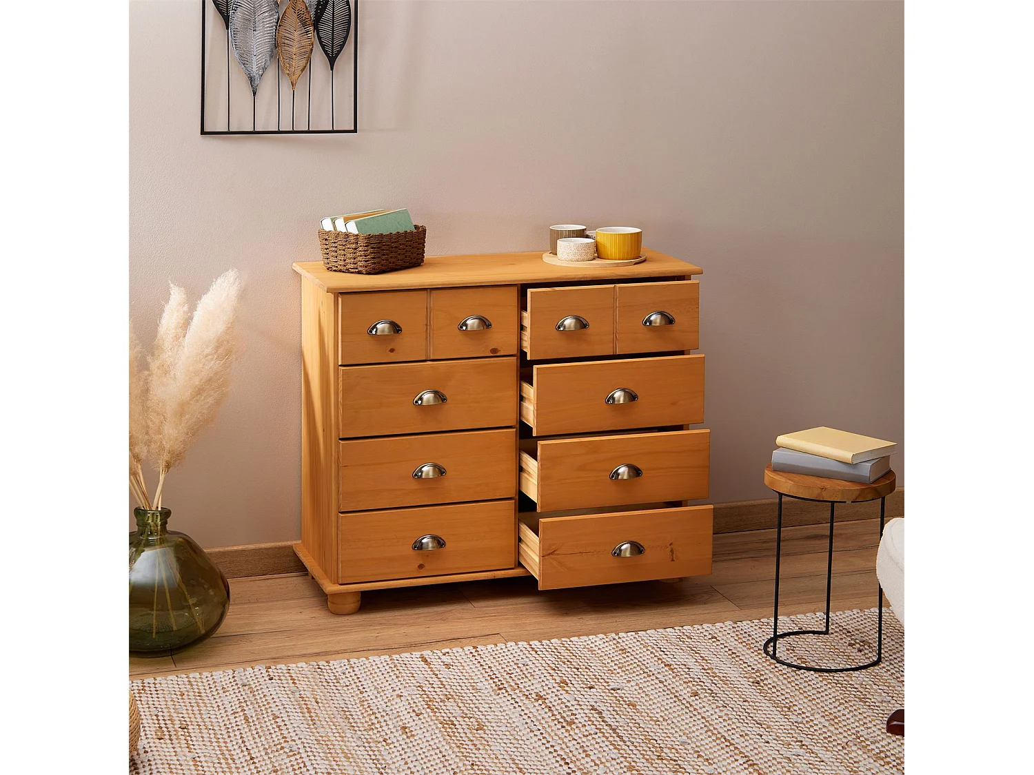 Commode chambre COLMAR L 92 cm 8 tiroirs en bois massif brun chiffonnier apothicaire rangement avec poignées en métal