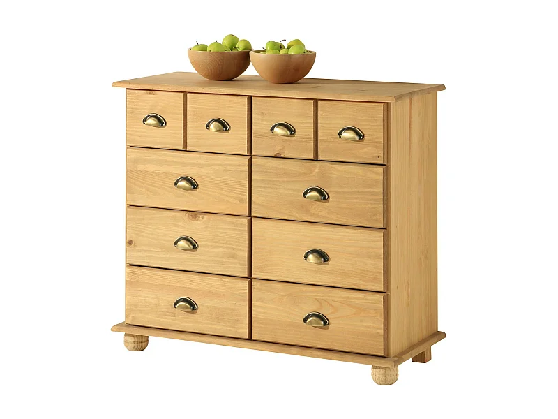 Commode chambre COLMAR L 92 cm 8 tiroirs en bois massif brun chiffonnier apothicaire rangement avec poignées en métal