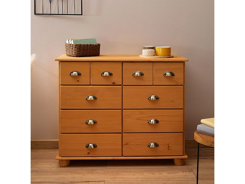 Commode chambre COLMAR L 92 cm 8 tiroirs en bois massif brun chiffonnier apothicaire rangement avec poignées en métal