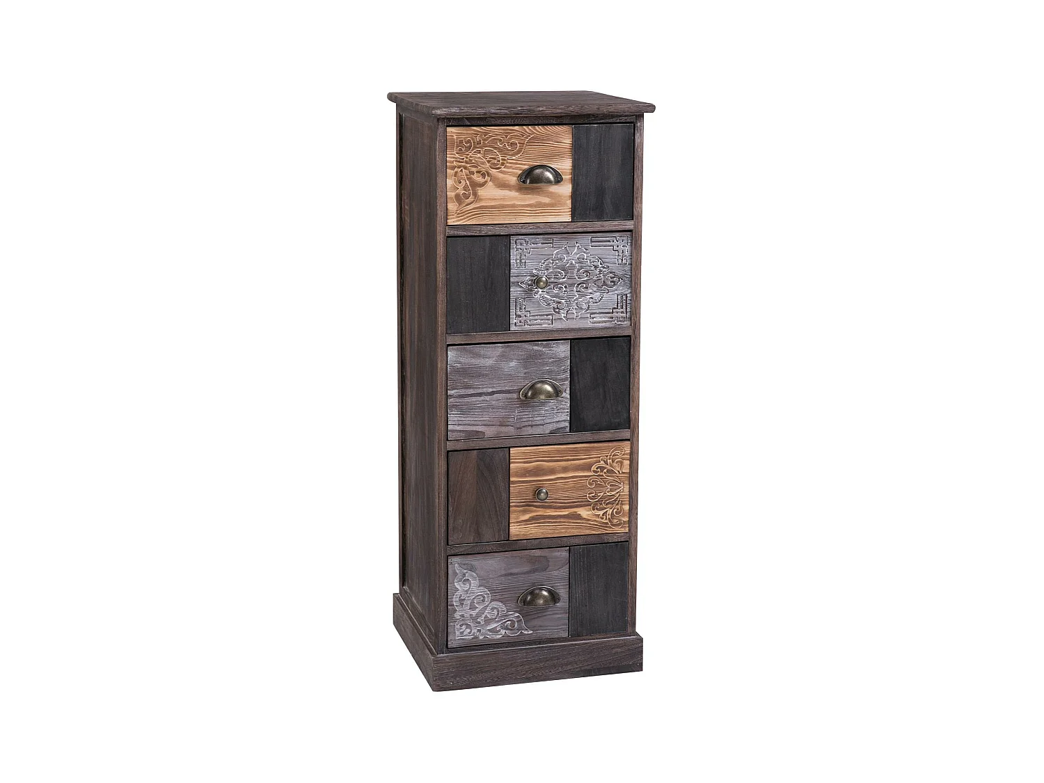 Chiffonnier MARA avec 5 tiroirs, commode en bois de paulownia style vintage ethnique bohême avec gravures