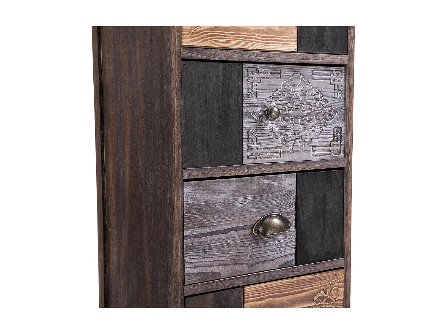 Chiffonnier MARA avec 5 tiroirs, commode en bois de paulownia style vintage ethnique bohême avec gravures