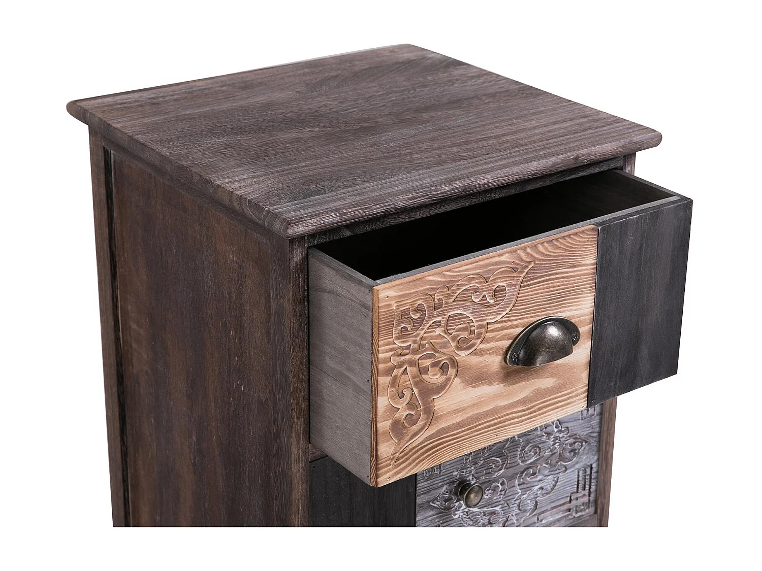 Chiffonnier MARA avec 5 tiroirs, commode en bois de paulownia style vintage ethnique bohême avec gravures