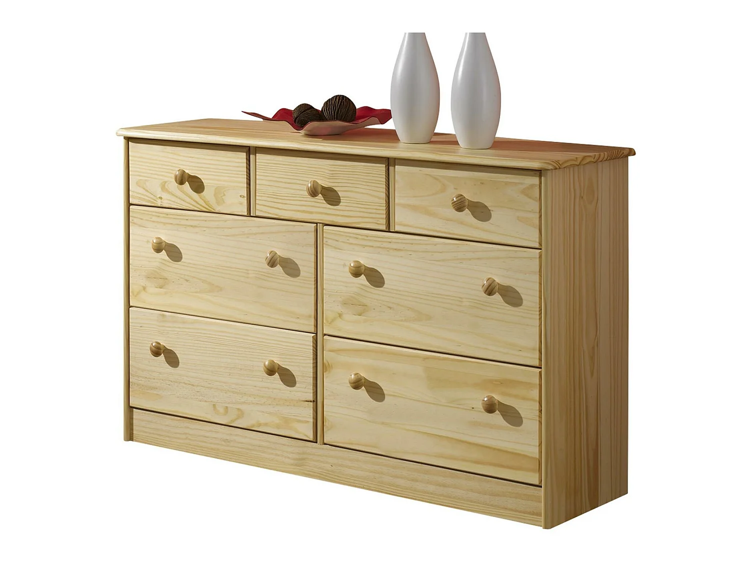 Commode RONDO bahut buffet meuble de rangement avec 3 petits et 4 grands tiroirs, en pin massif vernis naturel