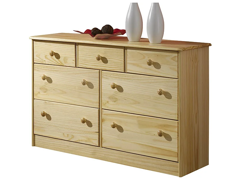 Commode RONDO bahut buffet meuble de rangement avec 3 petits et 4 grands tiroirs, en pin massif vernis naturel