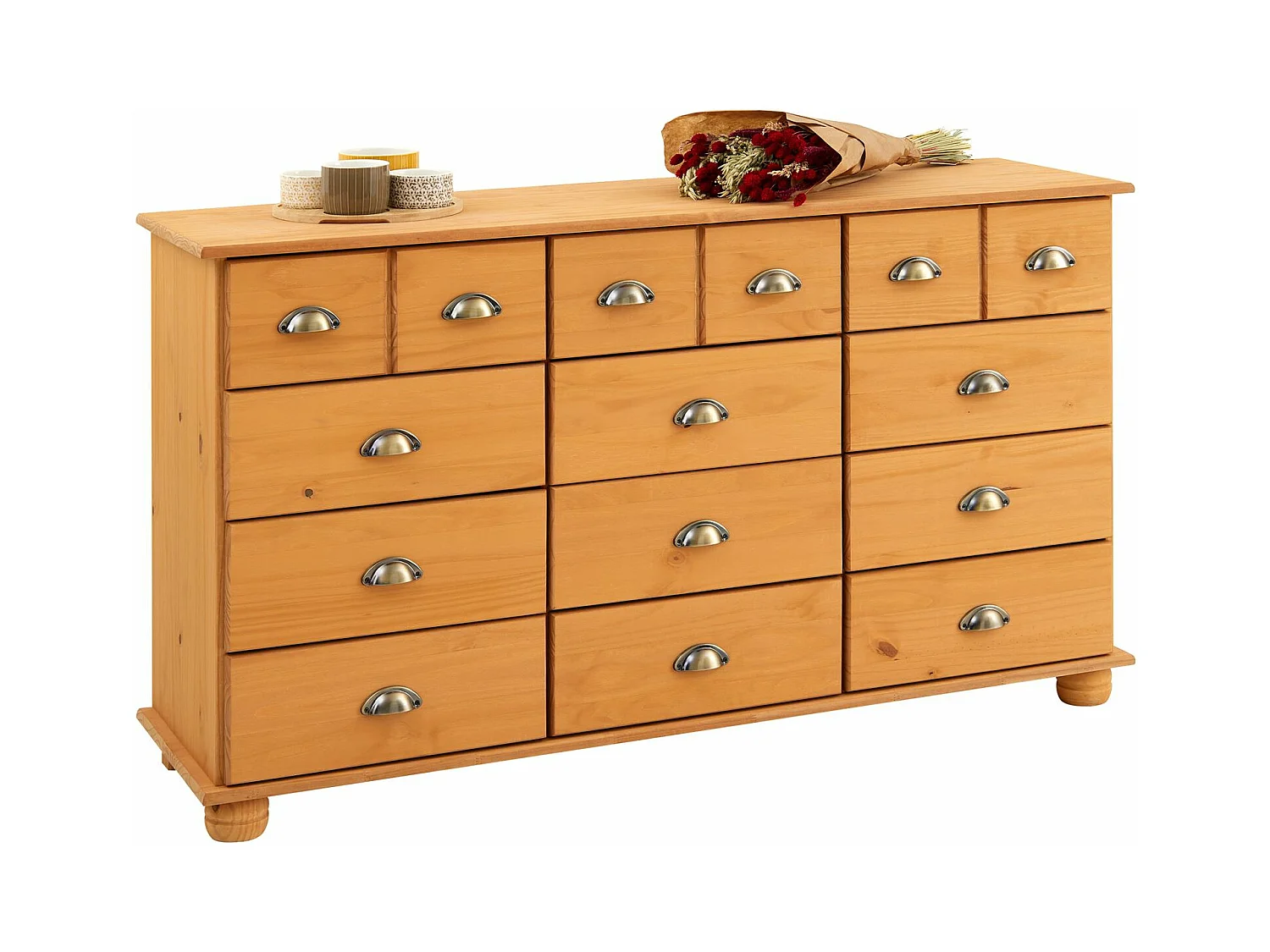 Commode chambre COLMAR L 134 cm 12 tiroirs en bois massif brun chiffonnier apothicaire rangement