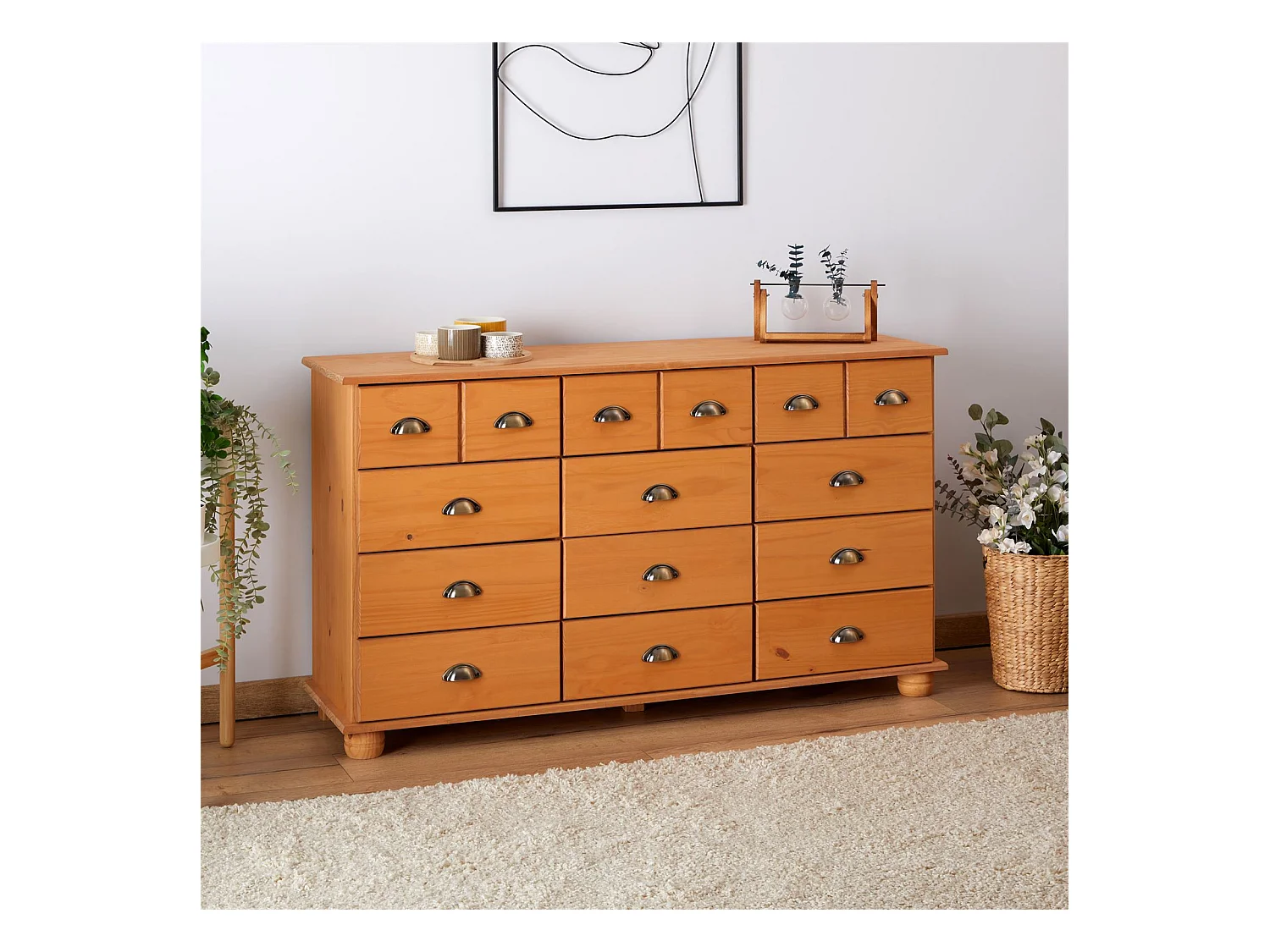 Commode chambre COLMAR L 134 cm 12 tiroirs en bois massif brun chiffonnier apothicaire rangement