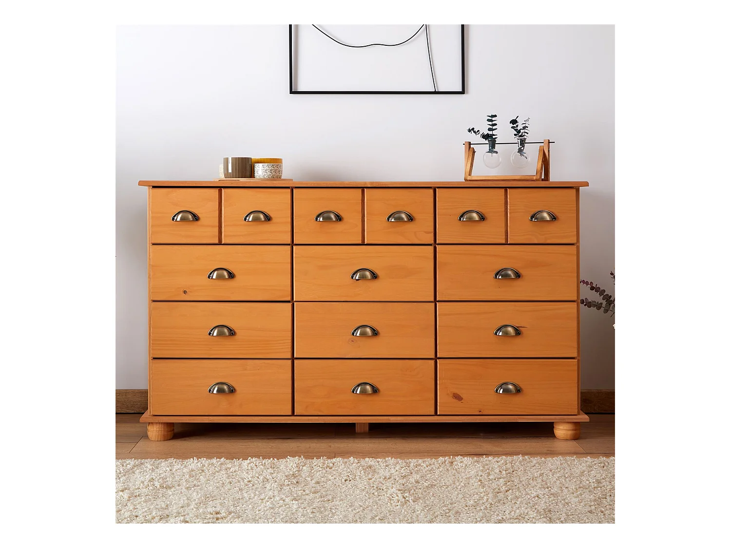 Commode chambre COLMAR L 134 cm 12 tiroirs en bois massif brun chiffonnier apothicaire rangement