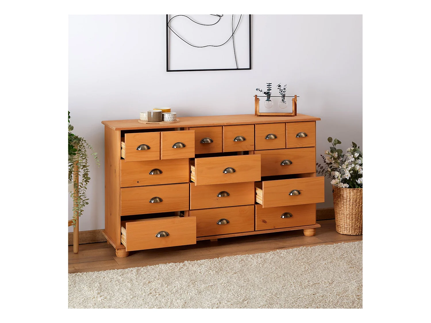 Commode chambre COLMAR L 134 cm 12 tiroirs en bois massif brun chiffonnier apothicaire rangement