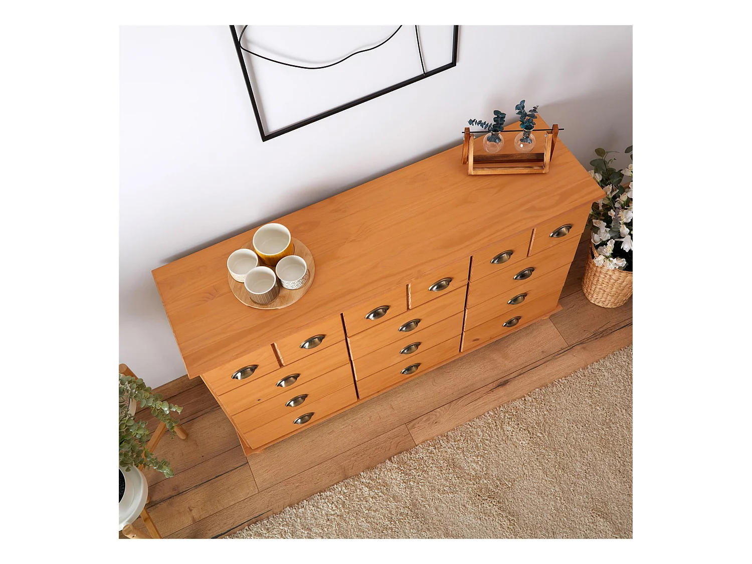 Commode chambre COLMAR L 134 cm 12 tiroirs en bois massif brun chiffonnier apothicaire rangement