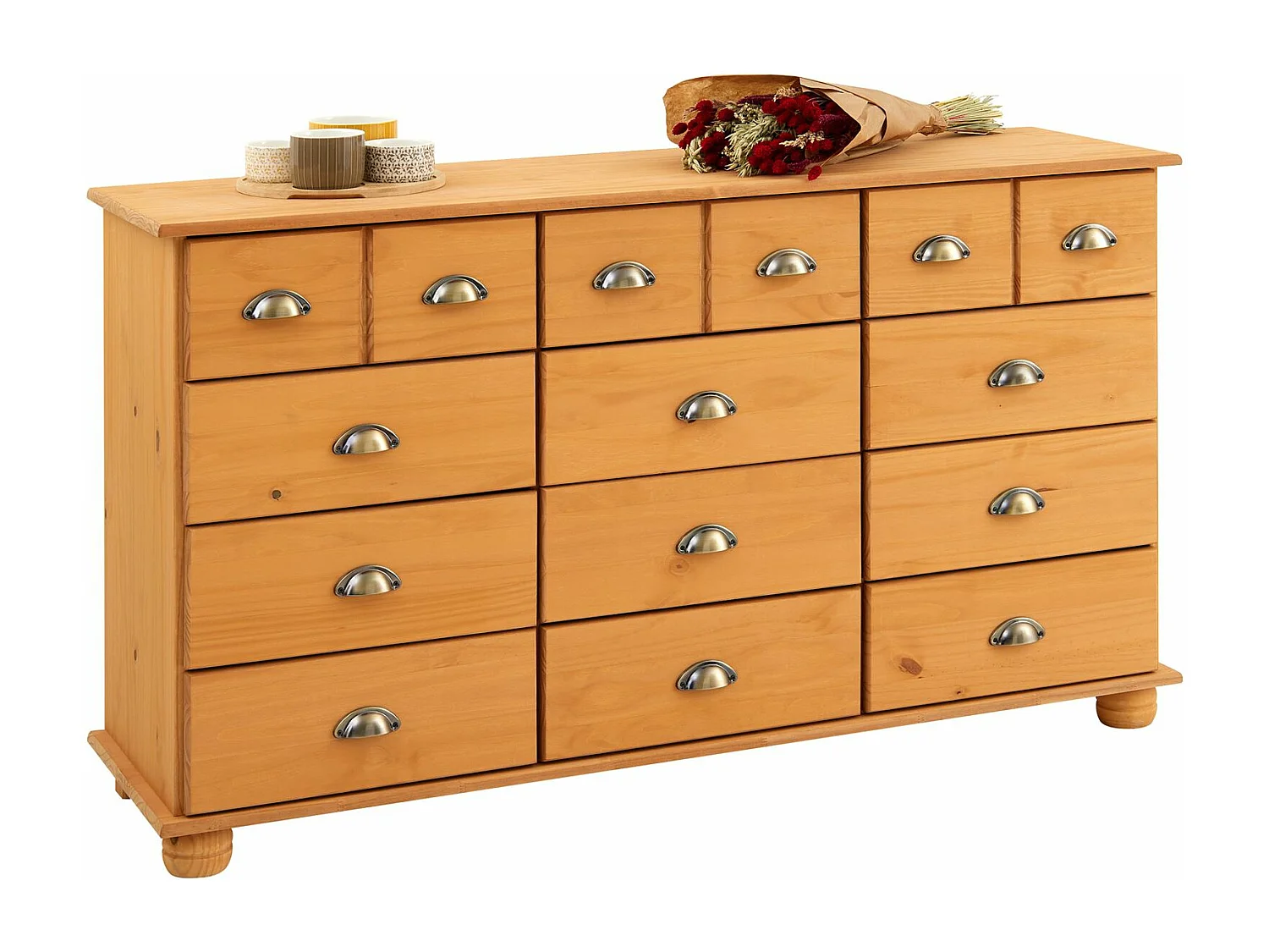 Commode chambre COLMAR L 134 cm 12 tiroirs en bois massif brun chiffonnier apothicaire rangement