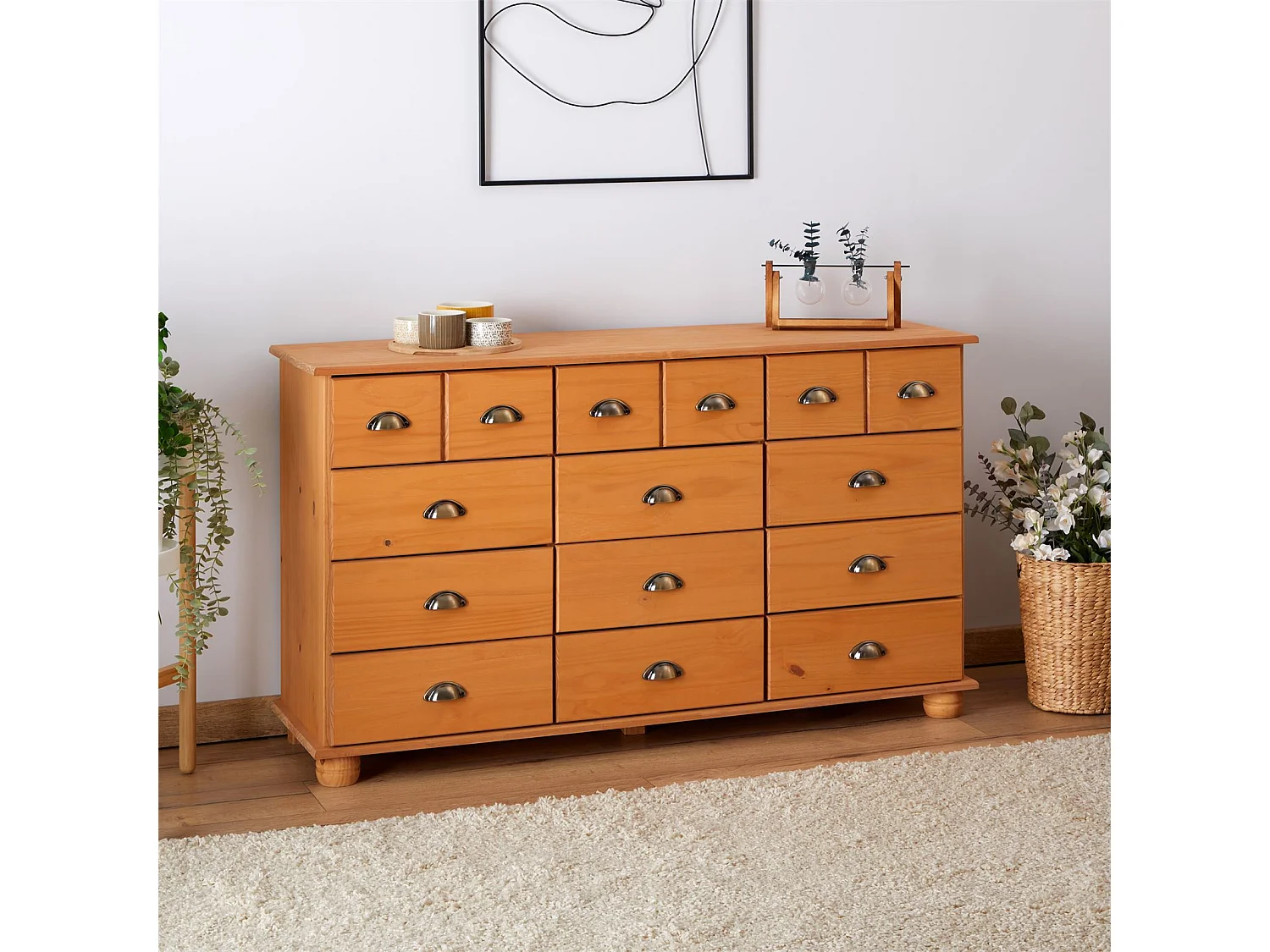 Commode chambre COLMAR L 134 cm 12 tiroirs en bois massif brun chiffonnier apothicaire rangement