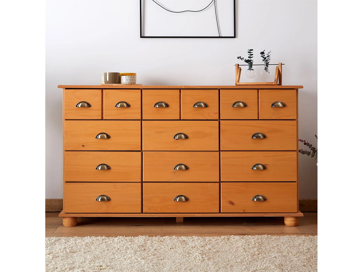 Commode chambre COLMAR L 134 cm 12 tiroirs en bois massif brun chiffonnier apothicaire rangement