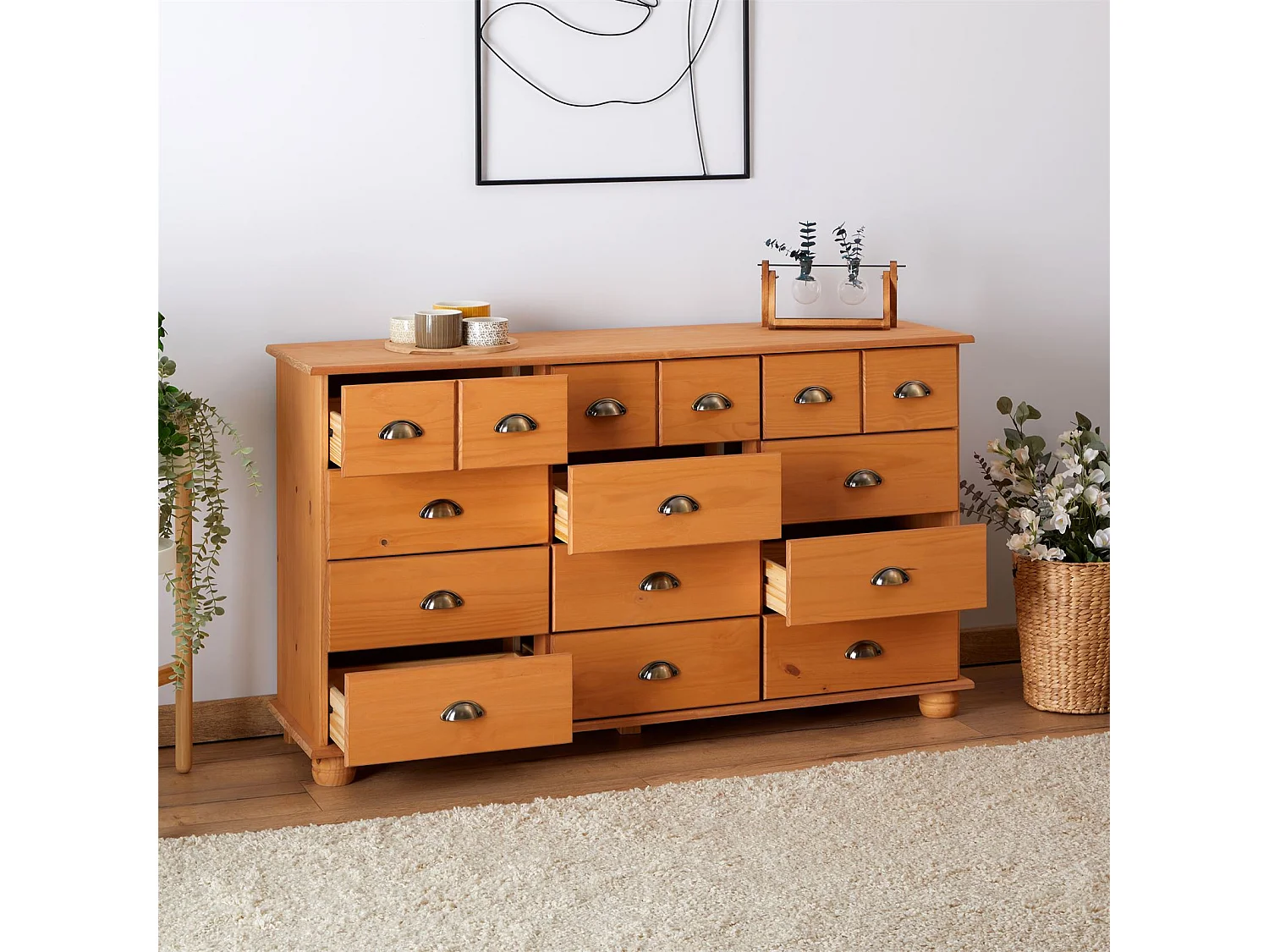 Commode chambre COLMAR L 134 cm 12 tiroirs en bois massif brun chiffonnier apothicaire rangement