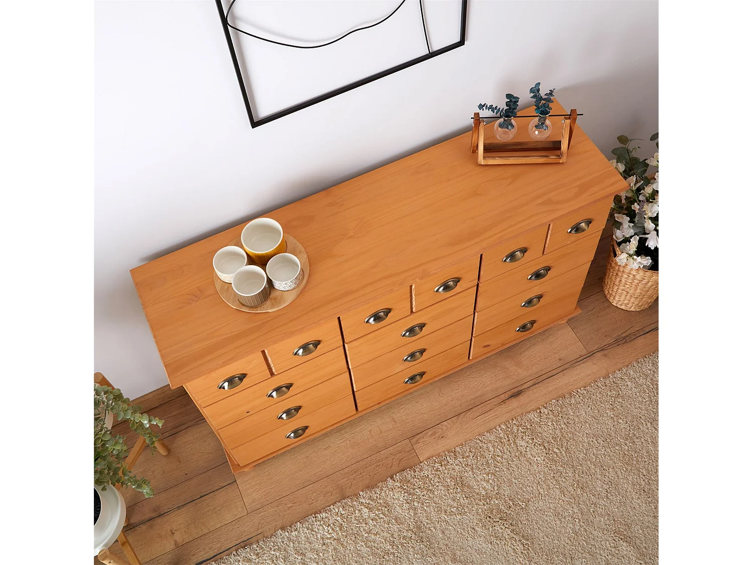 Commode chambre COLMAR L 134 cm 12 tiroirs en bois massif brun chiffonnier apothicaire rangement