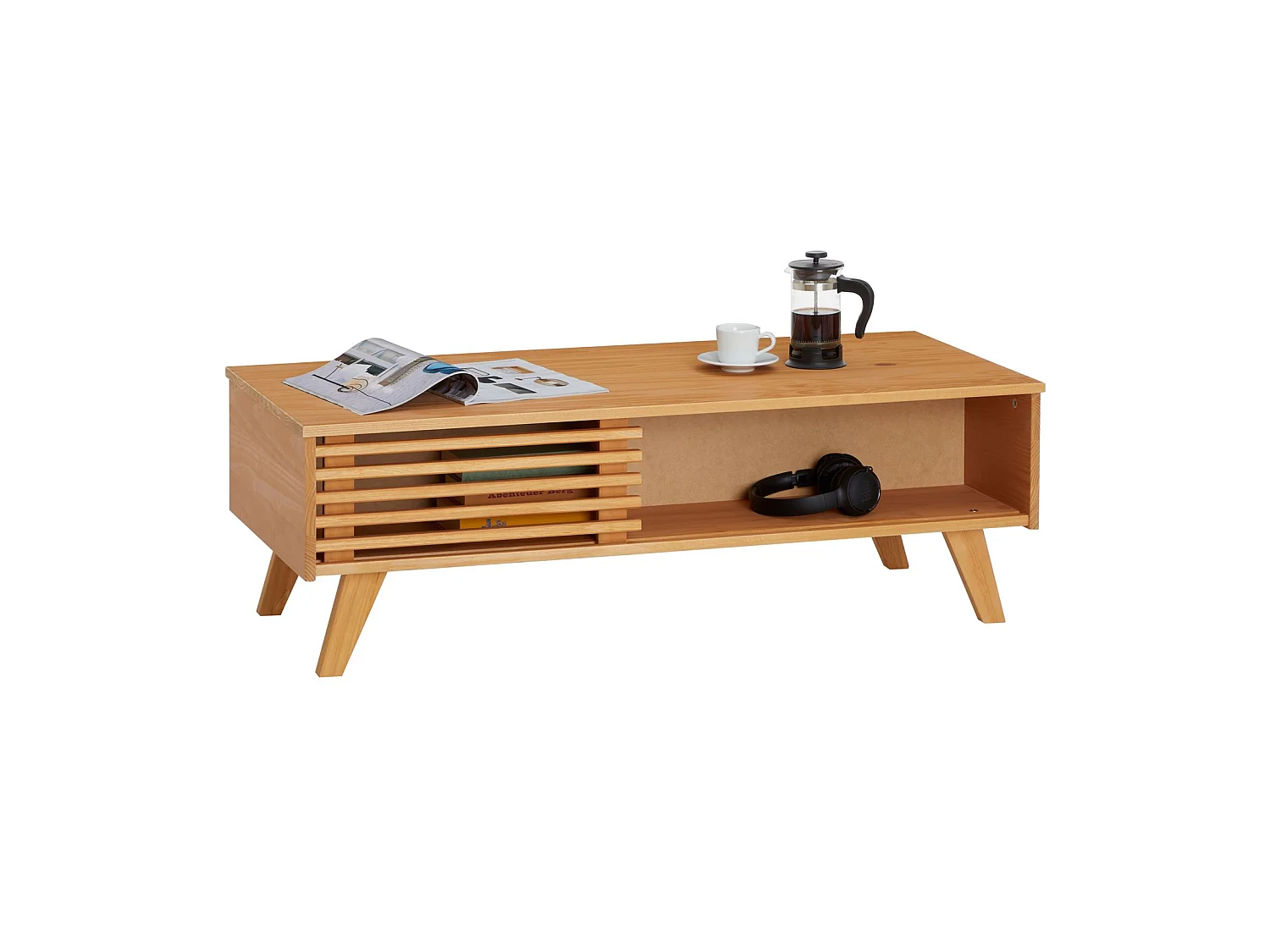 Table basse SEAN table de salon rectangulaire design vintage, avec 4 niches et des portes coulissantes ajourées, en pin teinté/ciré