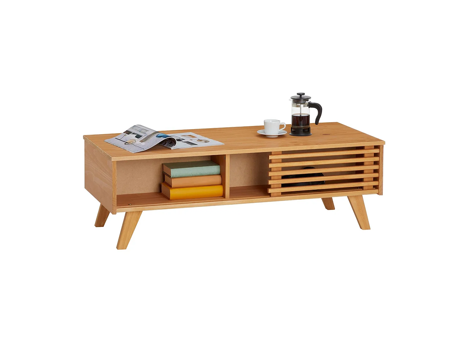 Table basse SEAN table de salon rectangulaire design vintage, avec 4 niches et des portes coulissantes ajourées, en pin teinté/ciré