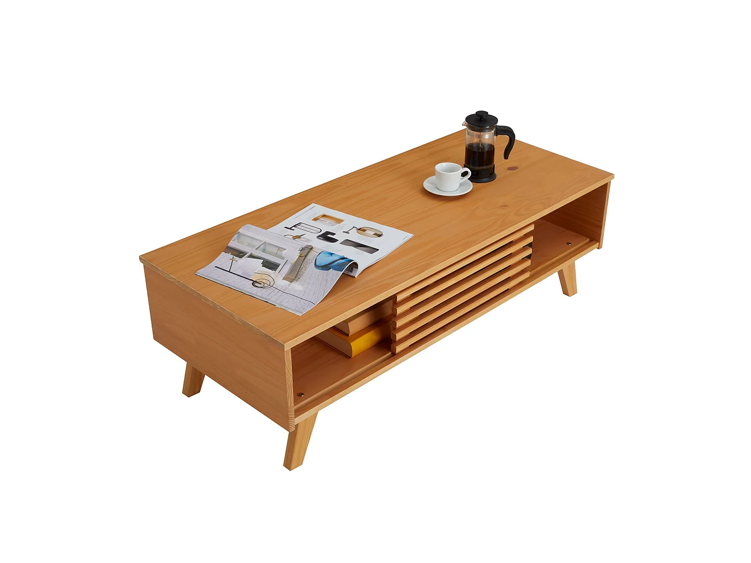 Table basse SEAN table de salon rectangulaire design vintage, avec 4 niches et des portes coulissantes ajourées, en pin teinté/ciré