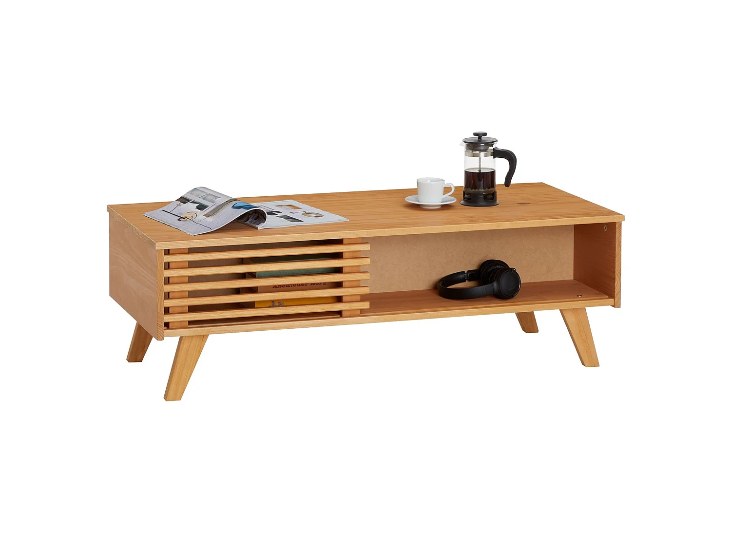 Table basse SEAN table de salon rectangulaire design vintage, avec 4 niches et des portes coulissantes ajourées, en pin teinté/ciré