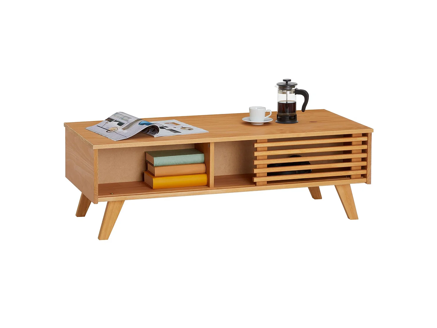 Table basse SEAN table de salon rectangulaire design vintage, avec 4 niches et des portes coulissantes ajourées, en pin teinté/ciré