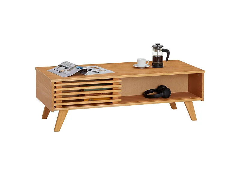 Table basse SEAN table de salon rectangulaire design vintage, avec 4 niches et des portes coulissantes ajourées, en pin teinté/ciré