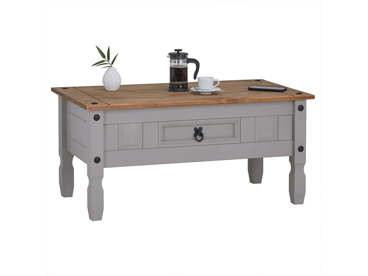 Table basse RAMON table d'appoint rectangulaire en pin massif gris et brun avec 1 tiroir, meuble de salon style mexicain en bois