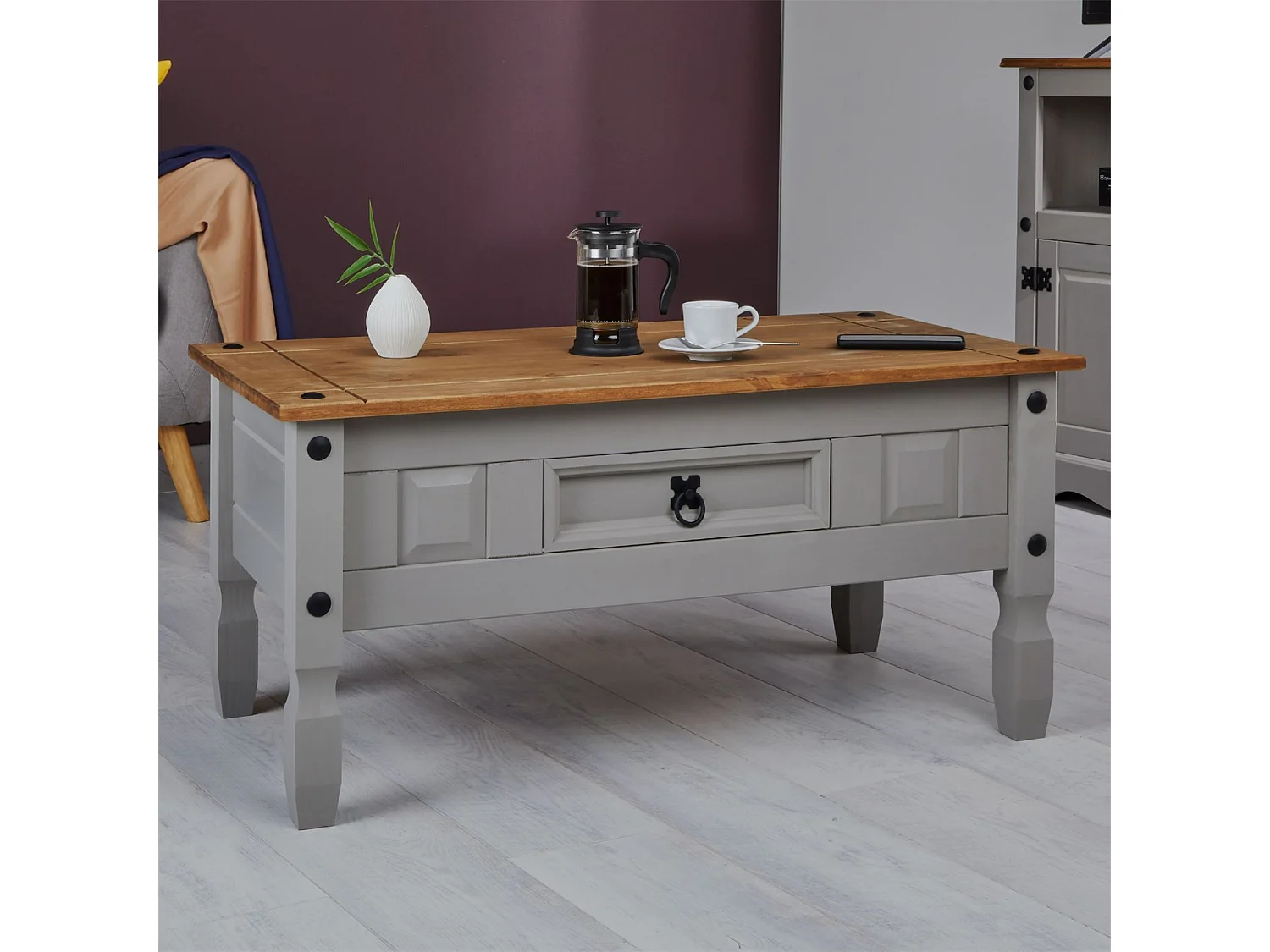 Table basse RAMON table d'appoint rectangulaire en pin massif gris et brun avec 1 tiroir, meuble de salon style mexicain en bois