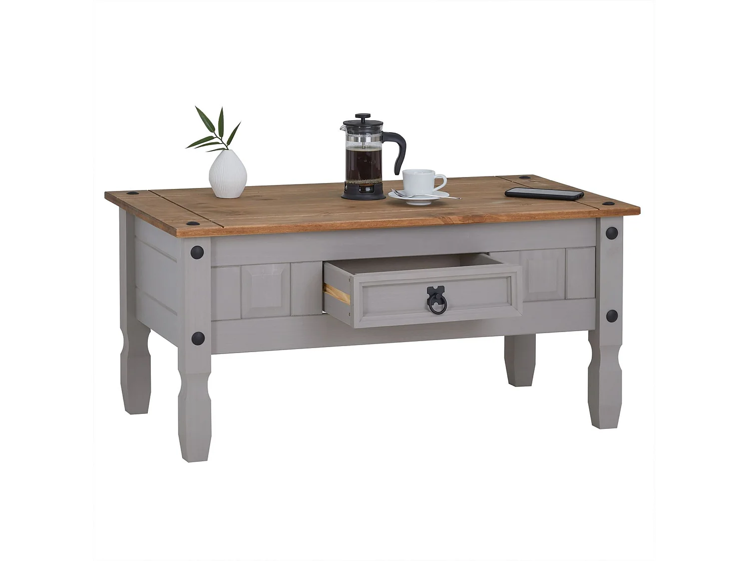 Table basse RAMON table d'appoint rectangulaire en pin massif gris et brun avec 1 tiroir, meuble de salon style mexicain en bois