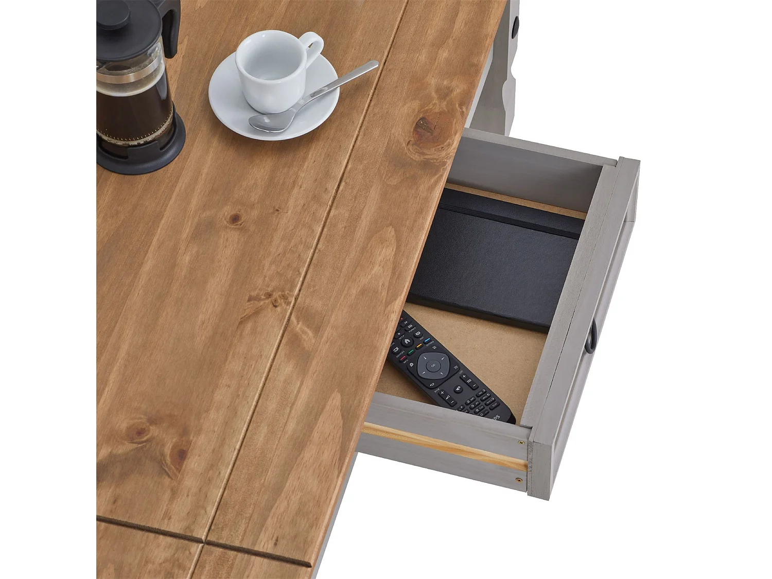 Table basse RAMON table d'appoint rectangulaire en pin massif gris et brun avec 1 tiroir, meuble de salon style mexicain en bois