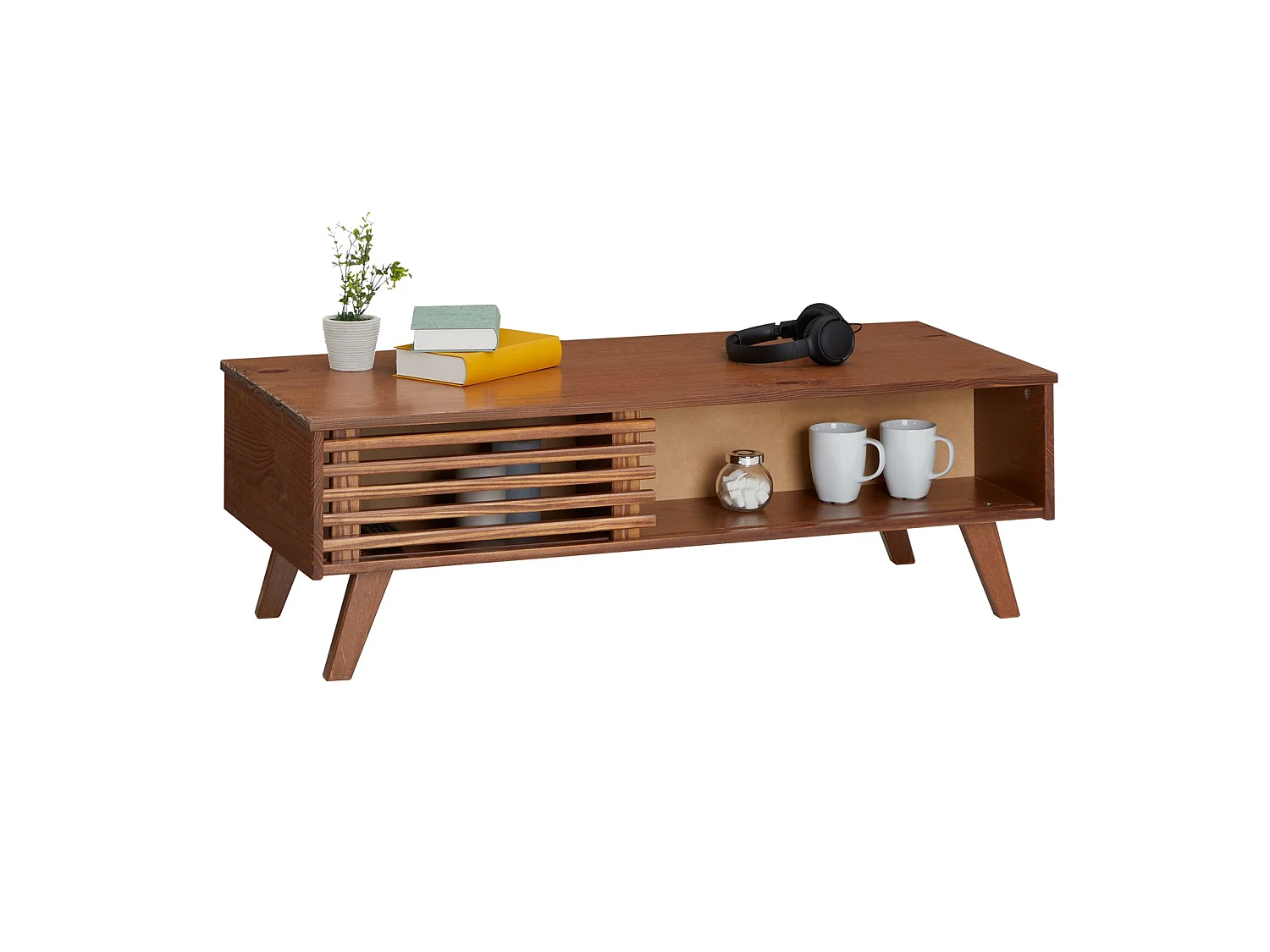 Table basse SEAN table de salon rectangulaire design vintage, 4 niches et des portes coulissantes ajourées, en pin lasuré brun foncé