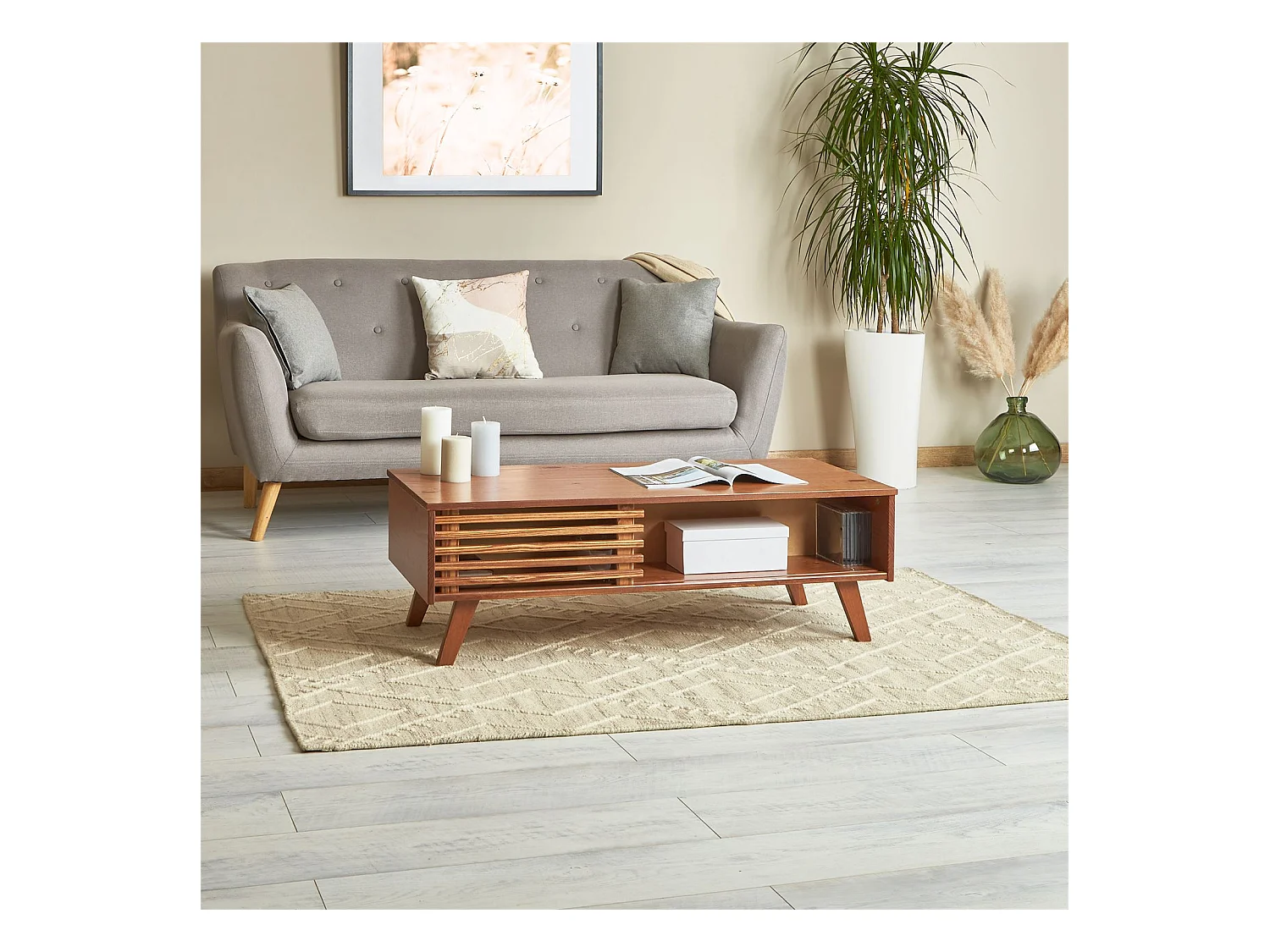 Table basse SEAN table de salon rectangulaire design vintage, 4 niches et des portes coulissantes ajourées, en pin lasuré brun foncé