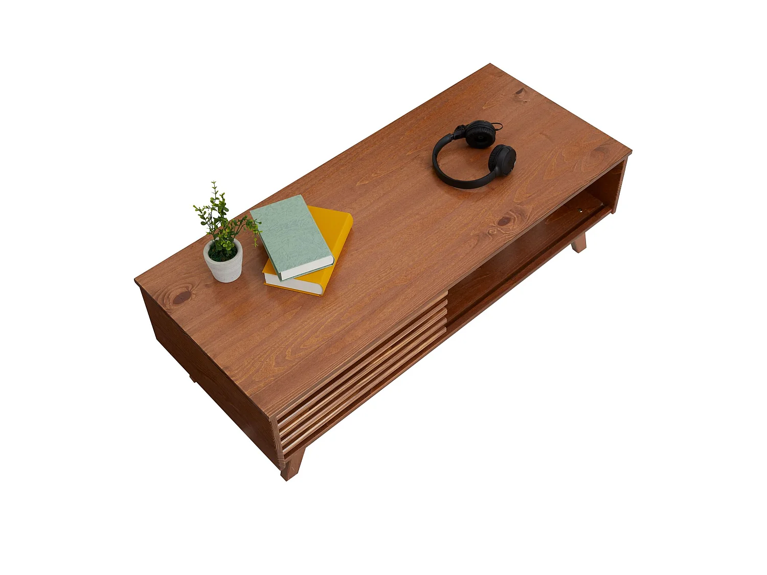 Table basse SEAN table de salon rectangulaire design vintage, 4 niches et des portes coulissantes ajourées, en pin lasuré brun foncé