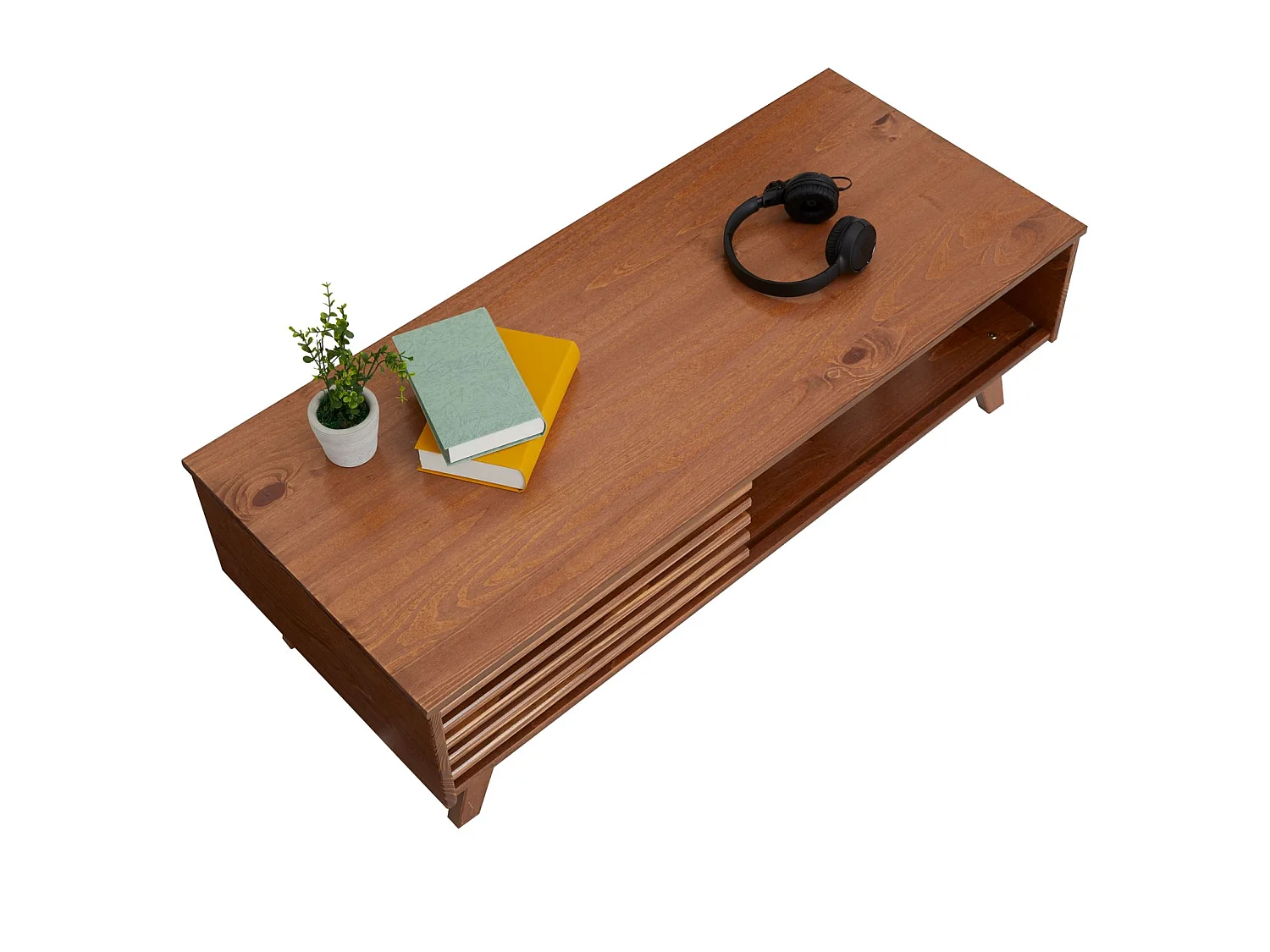 Table basse SEAN table de salon rectangulaire design vintage, 4 niches et des portes coulissantes ajourées, en pin lasuré brun foncé